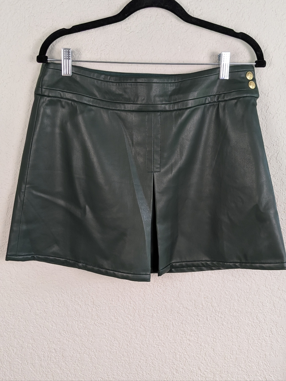 NWT J. Crew Faux Leather Mini Skirt Size 8 Dark Green Gold Buttons Side Zip